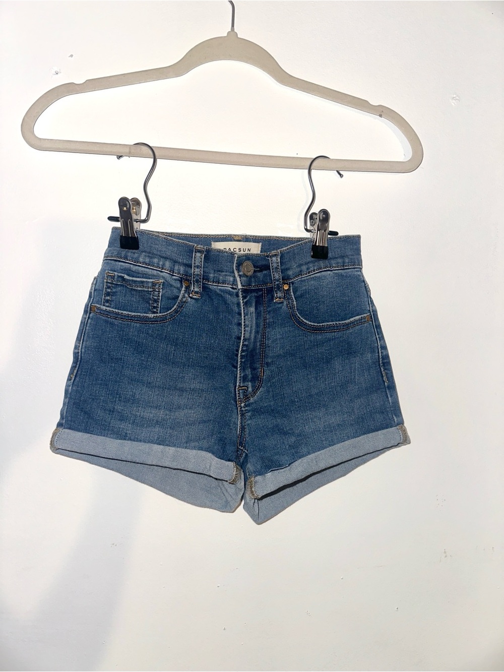 PacSun Mid-Rise Rolled Hem Denim Shorts in Blue Wash
